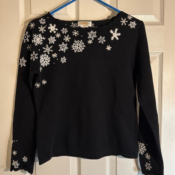 VTG Talbots Women S‎ Black Ugly Christmas Sweater Knit Cotton Snowflakes - Picture 1 of 10